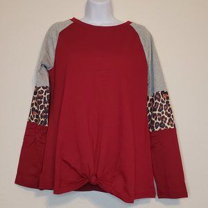 Women's Burgundy Gray and Leopard Color Block Long Sleeve Faux Knot Shirt Small